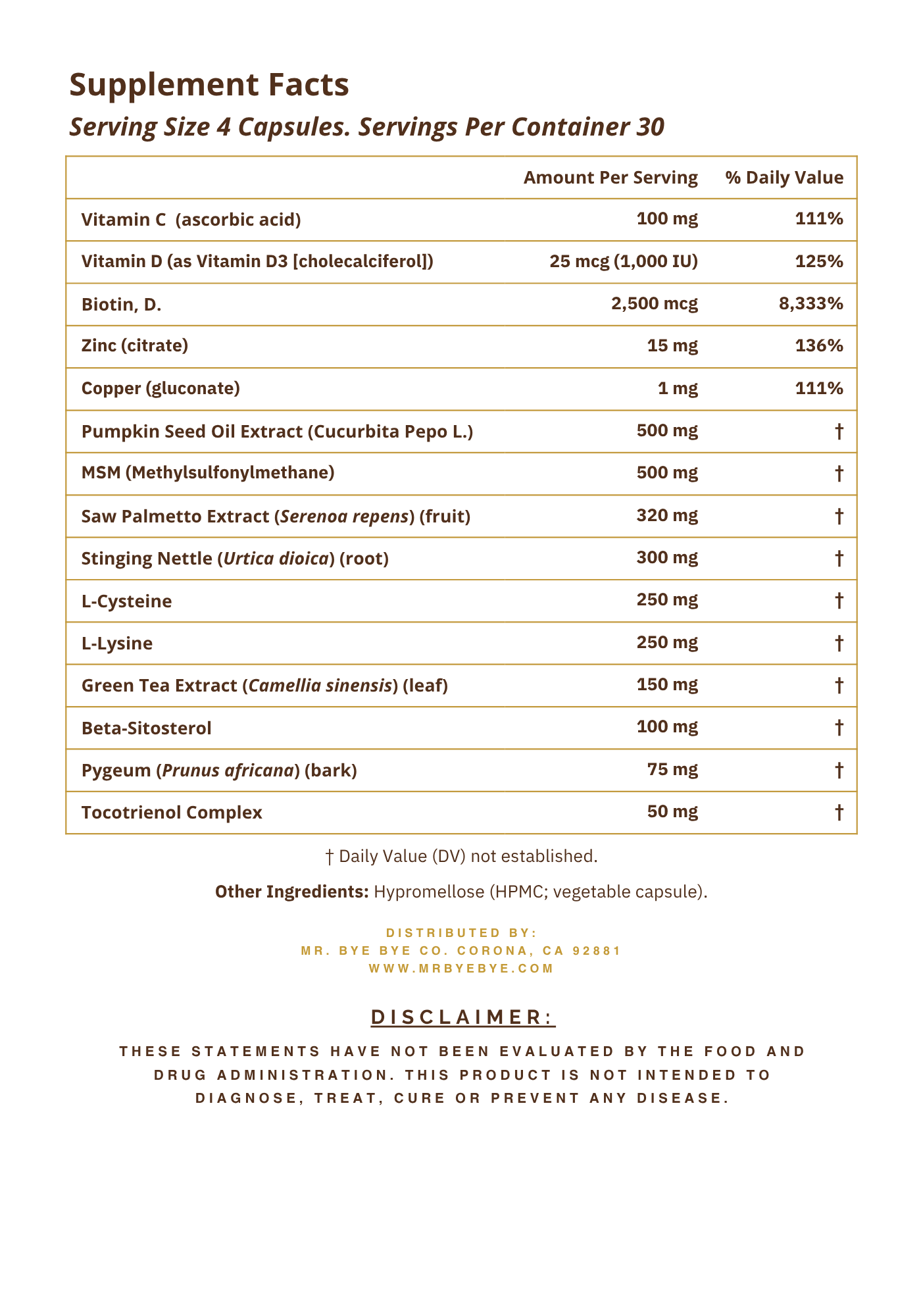Follicle Defense Supplement Facts: serving size 4 capsules, 30 servings per container